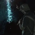 Visitors explore a dark cave at the Hinterland Magic Glow Worm Experience, gazing up, mesmerised by glowing blue lights overhead.