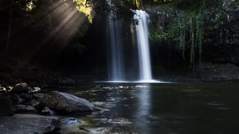 Radiant sunlight filters through lush forest trees onto a sparkling waterfall, capturing the enchanting Hinterland Magic Glow-worm Experience.