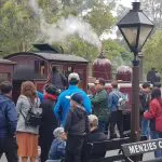 Visitors gather beside a historic steam train at Menzies Creek station, surrounded by the scenic Dandenong Ranges forest.