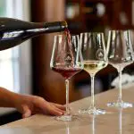 A hand elegantly pours vibrant red wine into a crystal glass on a counter prepared for gourmet wine and gin tasting, perfect for connoisseurs.