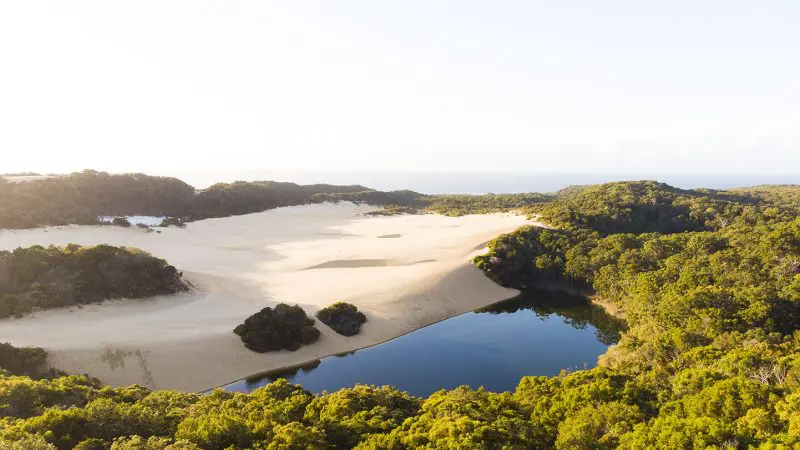 Stunning aerial view of sandy desert merging with a vivid blue lake, ideal for a Kgari 3 Day Getaway amid clear skies and lush trees.