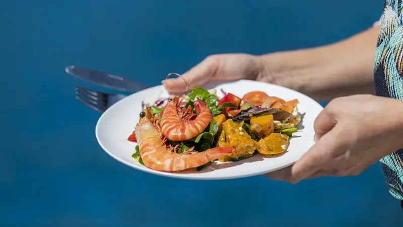Close-up of a person holding a gourmet prawn and salad plate, reminiscent of Lady Enid Sailing cuisine on scenic Hook Island.