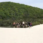 Adventure seekers trekking pristine white sand dunes on a K'gari Safari Fraser Island 4WD Camping Tag Along Tour, Australia.