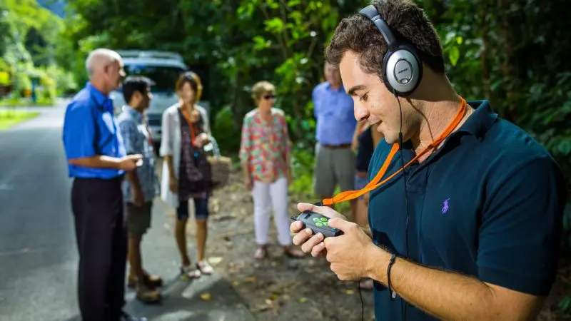 Man with headphones using a device during Cape Tribulation Daintree Guided Day Tour, tour group and lush rainforest scenery in background.