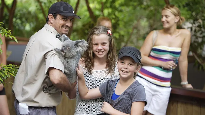 At Hartleys Crocodile Adventures, a man holds a koala with two smiling girls whilst a woman observes, perfect for family wildlife fun.