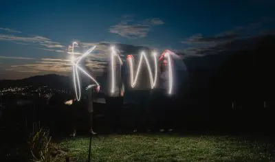 A group of friends create sparkling light trails with sparklers, celebrating a classic Kiwi night with vibrant festive energy outdoors.
