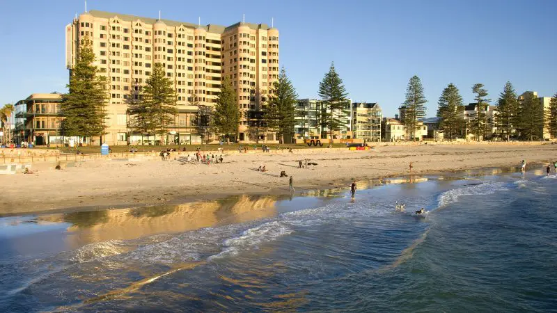 Visitors stroll on a scenic sandy beach with sweeping city views and blue skies—ideal for a 1–2 day wine tasting coast tour.