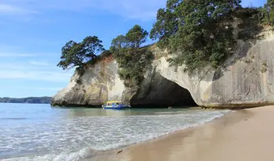 Vibrant yellow and blue boat anchored by a rugged Coromandel coastal cave, viewed from a sandy beach beneath clear blue skies.