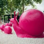 Striking large pink snail sculptures and smaller snails adorn Matakana park, enhancing scenic white gravel paths amid lush green trees.