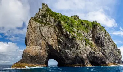 Majestic rocky island featuring a natural arch, lush green surroundings, and vibrant blue sea—top attraction for Bay of Islands tours.