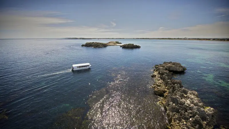 Experience a scenic Margaret River and Wildlife Adventure as a small boat glides past rugged rocky outcrops beneath clear blue skies.