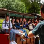 A man takes a photo of happy passengers enjoying the Puffing Billy Steam Train Tour, with lush trees and sunlight in the scenic background.