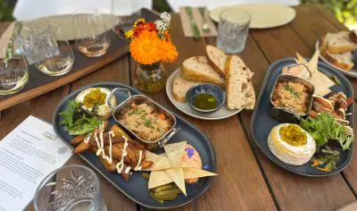 Elegant outdoor table set with artisanal appetisers, fresh bread, and detailed wine menus on a Boutique Wine Tour experience.