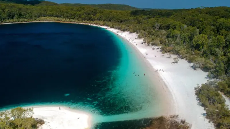 Stunning aerial view of vibrant blue lake, white sand shores, and lush green forest on K'gari 2 Day Tour Noosa to Noosa adventure.