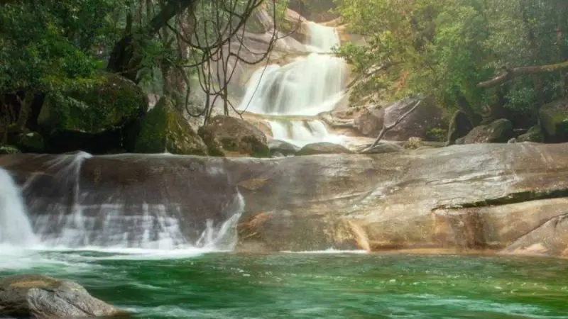 Experience a serene waterfall cascading over polished rocks into a crystal-clear emerald pool on an exclusive Atherton Tablelands tour.