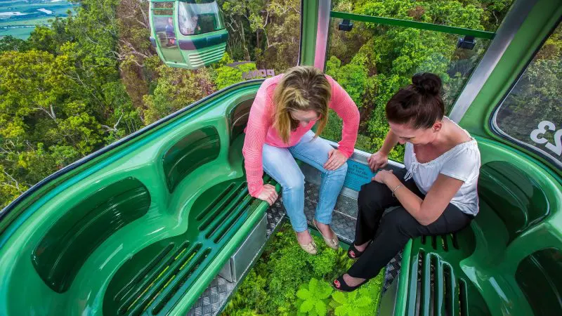 Two women look through a glass-bottomed cable car on the Daintree Cape Tribulation Port Douglas Comfort Tour, surrounded by lush rainforest.