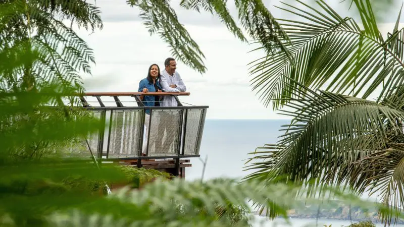 A couple stands on a balcony surrounded by lush plants, envisioning their dream 14 Day Sydney to Cairns Comfort Tour adventure.