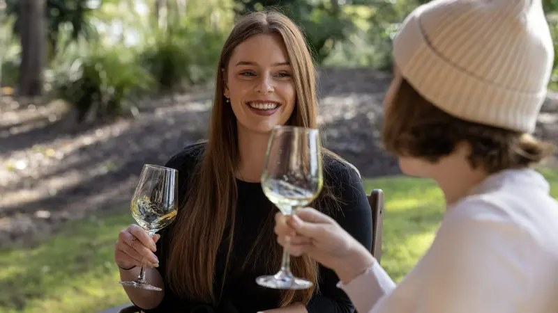 Two women smiling and toasting glasses of wine in a lush park during their 16 Day East Coast Australia Comfort Tour from Sydney.