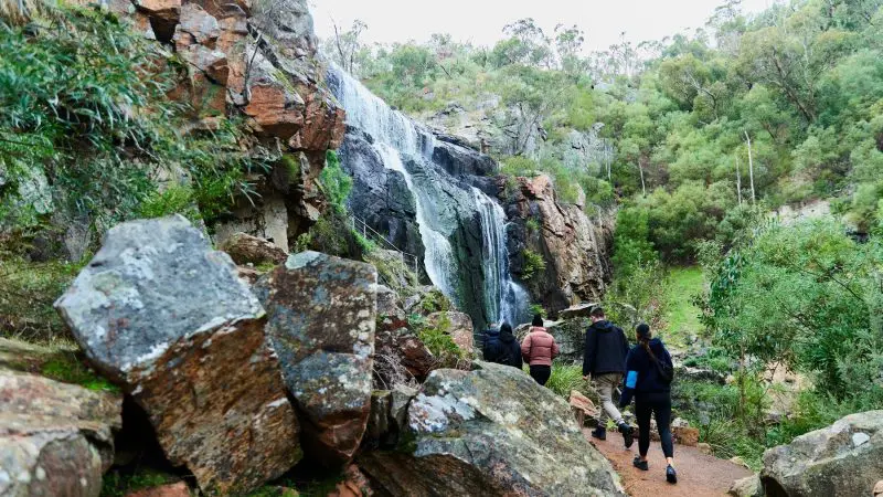 Three hikers trek a rugged Grampians trail towards a scenic waterfall, surrounded by lush greenery on an eco wilderness escape day tour.