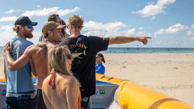 Five tourists on a bright yellow inflatable boat approach a pristine sandy beach during an exciting Great Barrier Reef Eco Adventure tour.