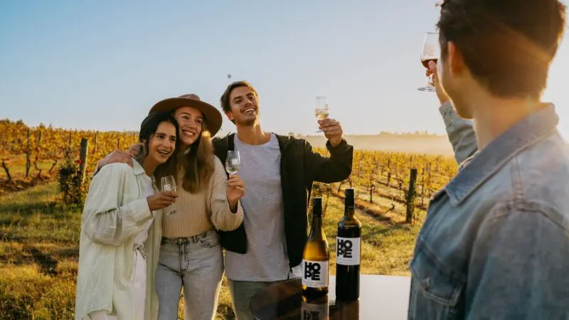 Four friends clink wine glasses at sunset in a lush Hunter Valley vineyard, smiling during a premium 1 Day Scenic Wine Tour.