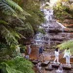 Four visitors cross stepping stones beside a cascading waterfall on the popular 1 Day Blue Mountains Sunset Wilderness Tour in Australia.