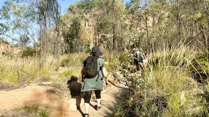 Traveller with a rucksack hikes along a vibrant, sunlit trail, evoking the adventure of a Katherine Gorge Cruise from Darwin.