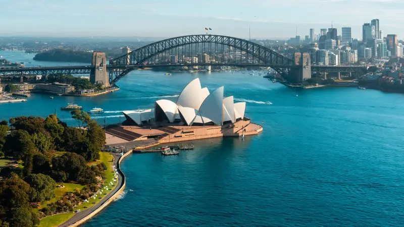 Stunning aerial view of Sydney Opera House and Harbour Bridge under blue skies, iconic landmarks with city skyline in vibrant background.