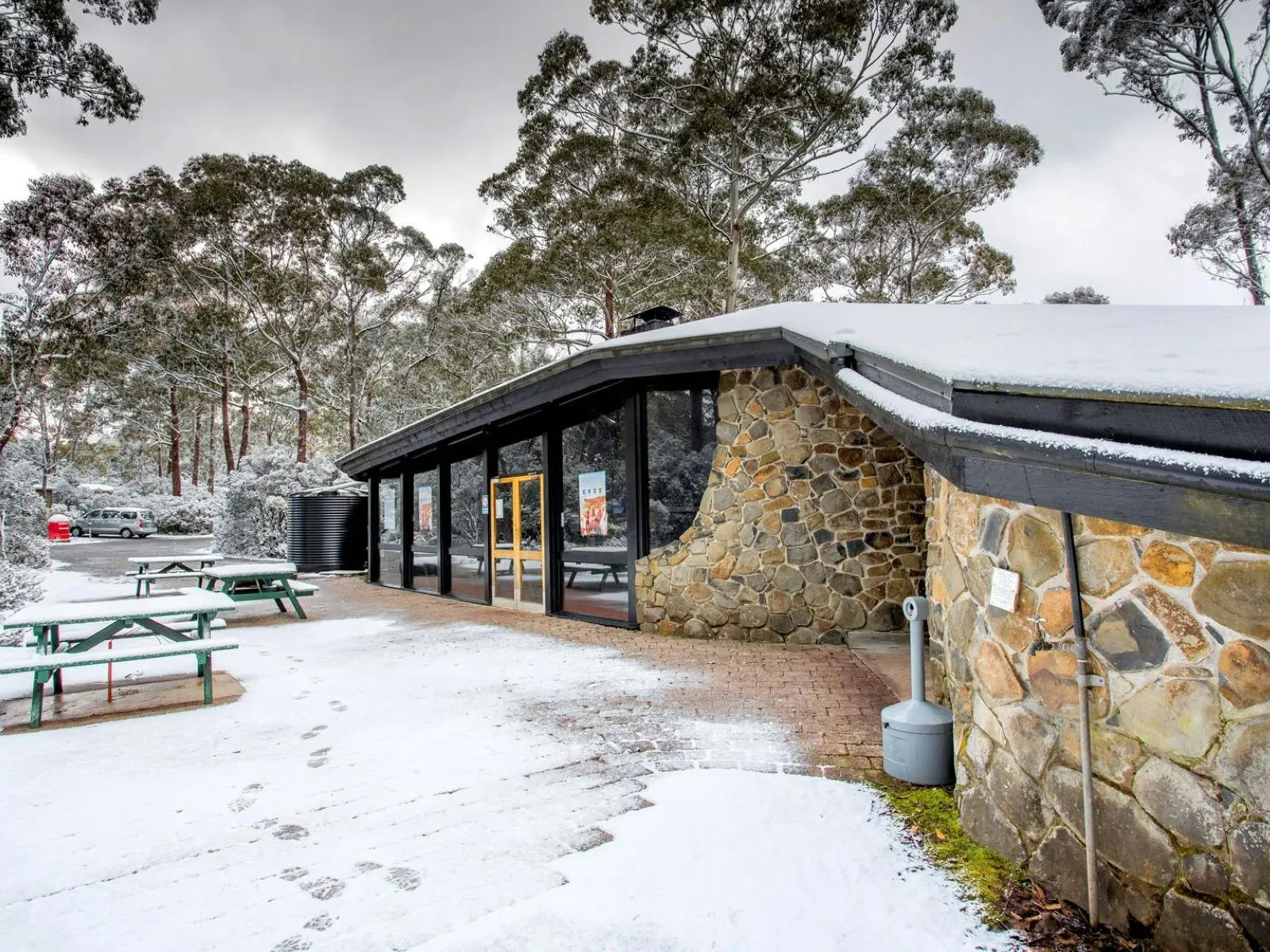 Snow on top of the reception for a campsite in tasmania
