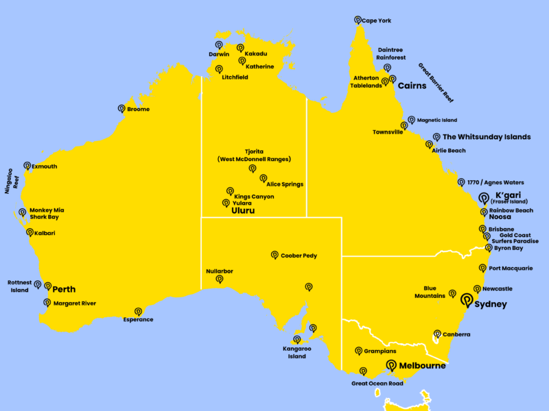 A map of Australia showing all of the main tourist attractions