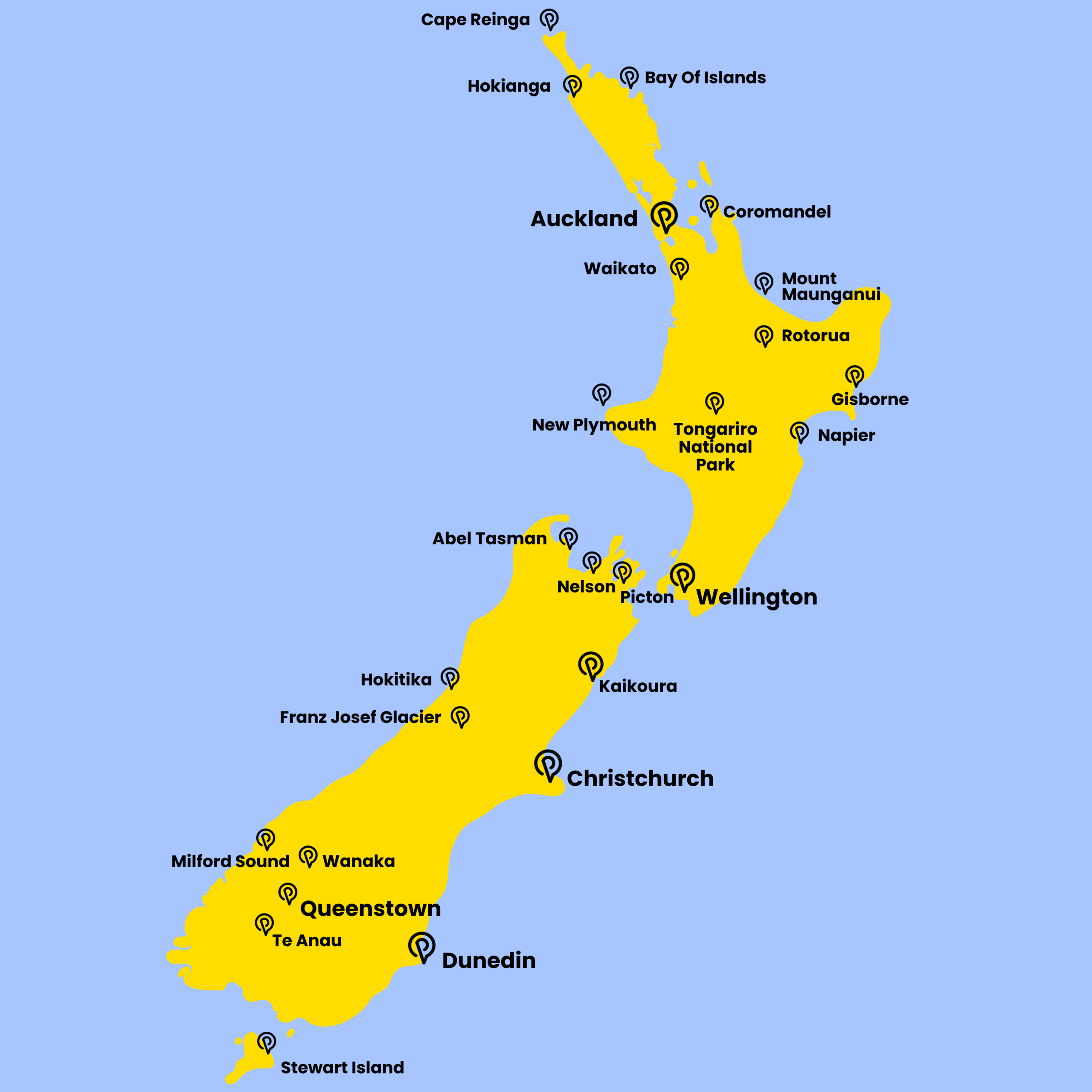 Peterpans map of New zealand tourism highlights