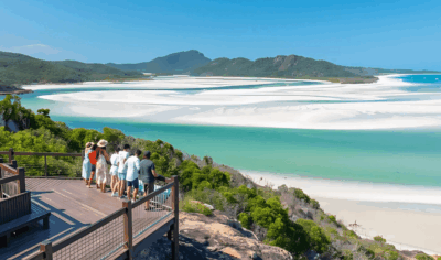 a group of backpackers overlooking a river delta at hill inlet in the Whitsundays