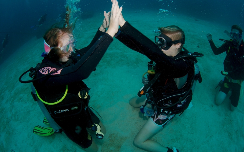 Two scuba divers celebrate with an underwater high five during a 1–2 Day PADI Refresher Course as coursemates watch from the sea bed.