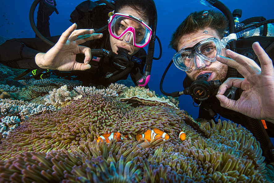 Two scuba divers giving OK signs next to vibrant coral reefs on a 4-day liveaboard learn to dive adventure, perfect for beginners.