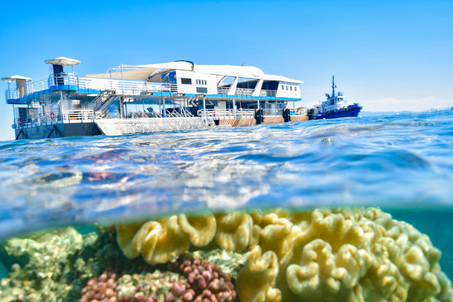 Experience a spacious tour boat beside the Reef Magic Outer Barrier Reef Pontoon, cruising over vibrant coral reefs on a sunny day.