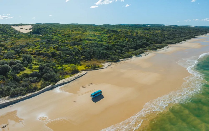 Blue van parked on a vast sandy beach at Kgari 4 Day Experience, framed by lush green forest under clear skies—ultimate adventure scene.