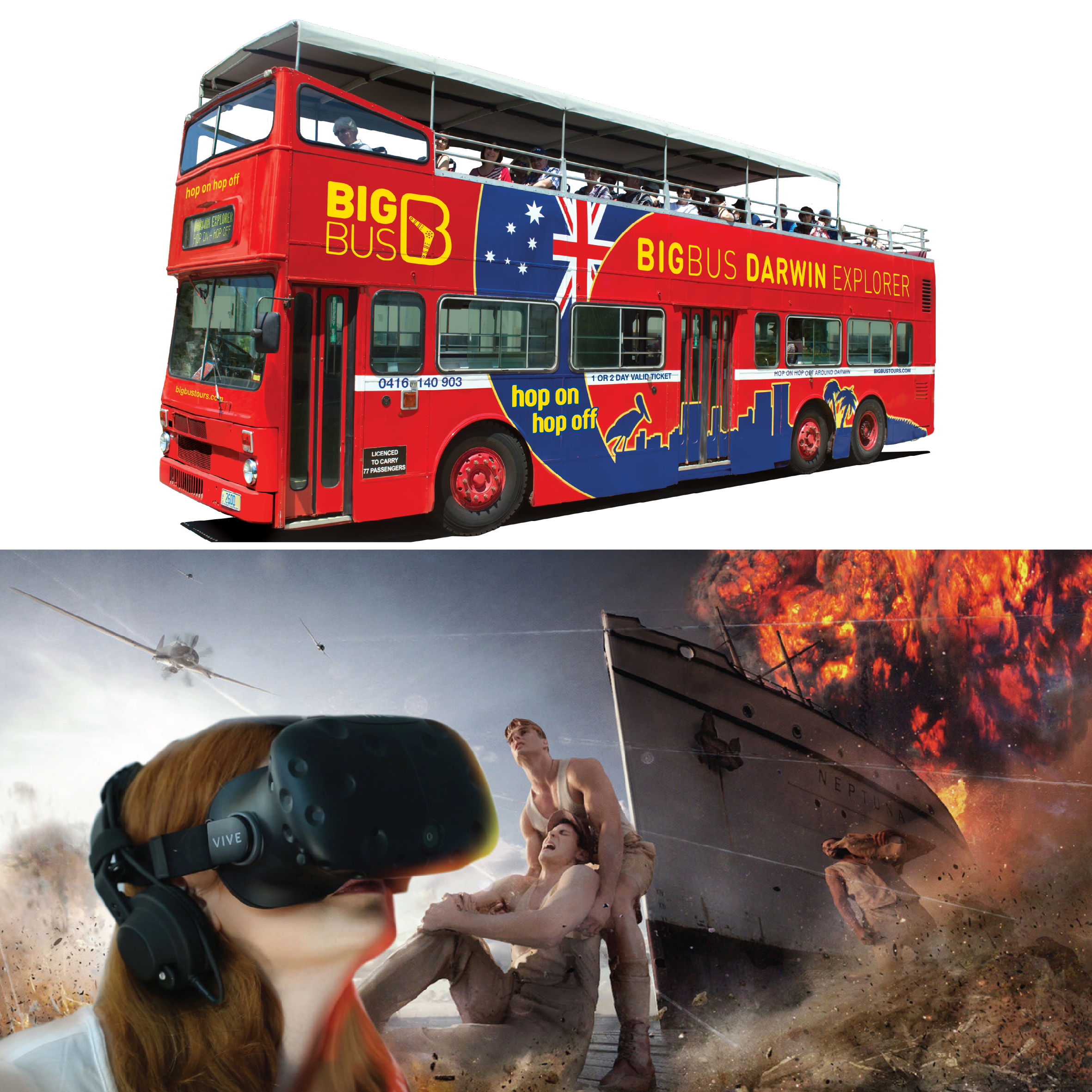 Croc N History red double-decker tour bus towers over woman in VR headset as an intense war scene unfolds, immersive experience.