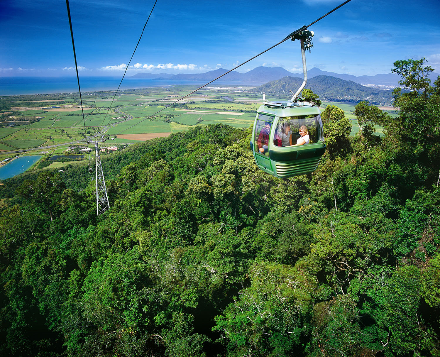 Luxury Grand Kuranda cable car soars over vibrant rainforest, offering guests unrivalled panoramic views of majestic mountains and fields.