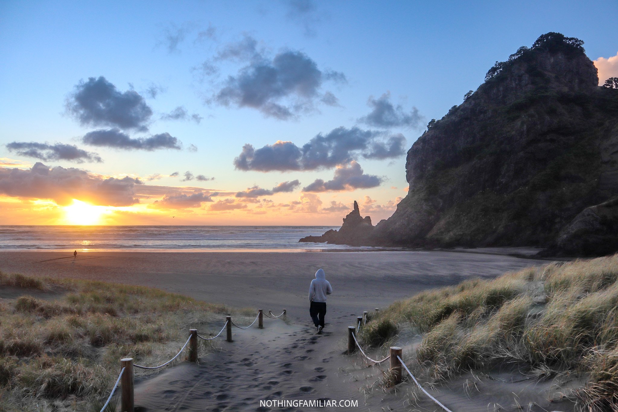 Individual strolling along a sandy footpath toward Piha Beach at sunset, dramatic cliffs and vibrant clouds in the scenic background.